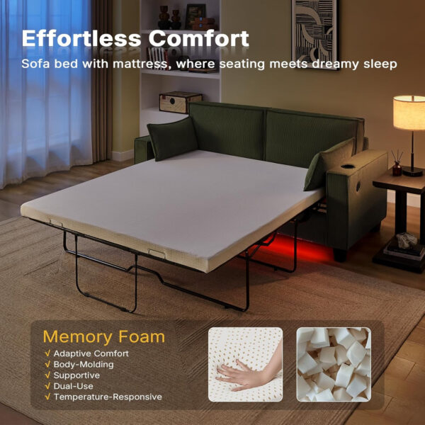 Brelice Pull Out Sofa Bed, Full Size Convertible Loveseat Sleeper Sofa, Corduroy Memory Foam Couch Bed for Living Room, Guest Room, Apartment, Home Office (Green)