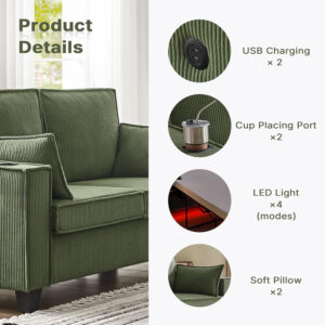 Brelice Pull Out Sofa Bed, Full Size Convertible Loveseat Sleeper Sofa, Corduroy Memory Foam Couch Bed for Living Room, Guest Room, Apartment, Home Office (Green)