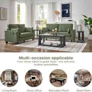 Brelice Pull Out Sofa Bed, Full Size Convertible Loveseat Sleeper Sofa, Corduroy Memory Foam Couch Bed for Living Room, Guest Room, Apartment, Home Office (Green)