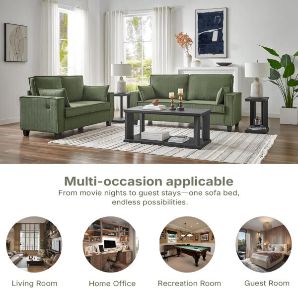 Brelice Pull Out Sofa Bed, Full Size Convertible Loveseat Sleeper Sofa, Corduroy Memory Foam Couch Bed for Living Room, Guest Room, Apartment, Home Office (Green)