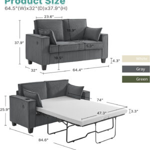 Brelice Pull Out Sofa Bed, Full Size Convertible Loveseat Sleeper Sofa, Corduroy Memory Foam Couch Bed for Living Room, Guest Room, Apartment, Home Office (Green)