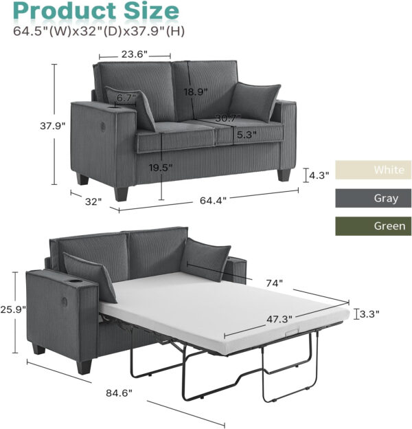 Brelice Pull Out Sofa Bed, Full Size Convertible Loveseat Sleeper Sofa, Corduroy Memory Foam Couch Bed for Living Room, Guest Room, Apartment, Home Office (Green)