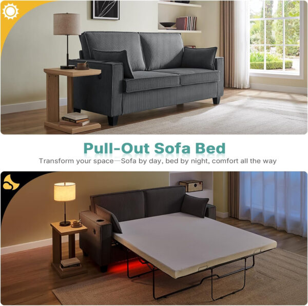 Brelice Pull Out Sofa Bed, Full Size Convertible Loveseat Sleeper Sofa, Corduroy Memory Foam Couch Bed for Living Room, Guest Room, Apartment, Home Office (Green)