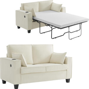 Brelice Pull Out Sofa Bed, Full Size Convertible Loveseat Sleeper Sofa, Corduroy Memory Foam Couch Bed for Living Room, Guest Room, Apartment, Home Office (Green)