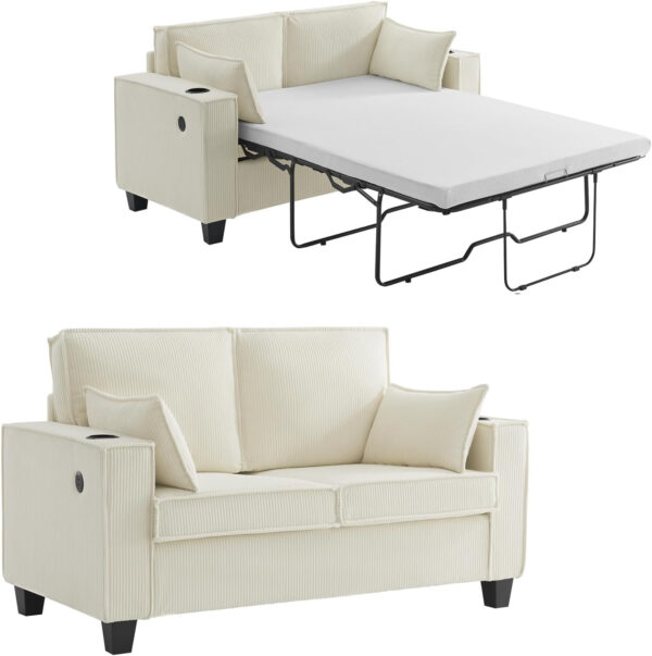 Brelice Pull Out Sofa Bed, Full Size Convertible Loveseat Sleeper Sofa, Corduroy Memory Foam Couch Bed for Living Room, Guest Room, Apartment, Home Office (Green)