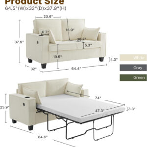 Brelice Pull Out Sofa Bed, Full Size Convertible Loveseat Sleeper Sofa, Corduroy Memory Foam Couch Bed for Living Room, Guest Room, Apartment, Home Office (Green)