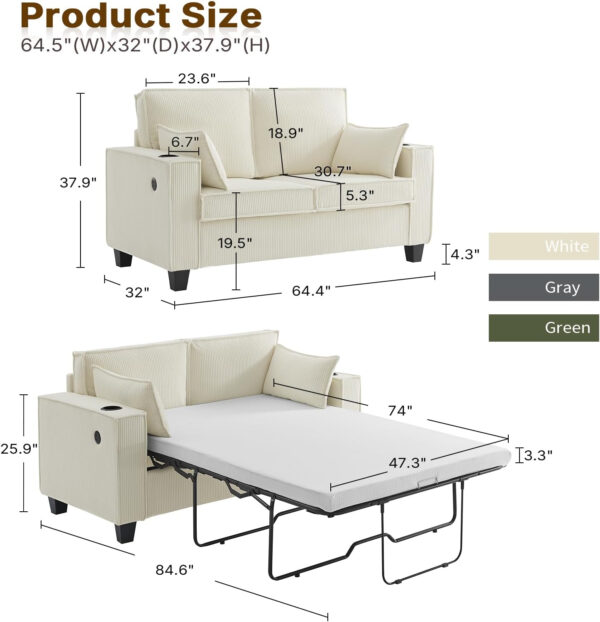 Brelice Pull Out Sofa Bed, Full Size Convertible Loveseat Sleeper Sofa, Corduroy Memory Foam Couch Bed for Living Room, Guest Room, Apartment, Home Office (Green)