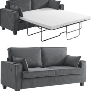 Brelice Pull Out Sofa Bed, Full Size Convertible Loveseat Sleeper Sofa, Corduroy Memory Foam Couch Bed for Living Room, Guest Room, Apartment, Home Office (Green)