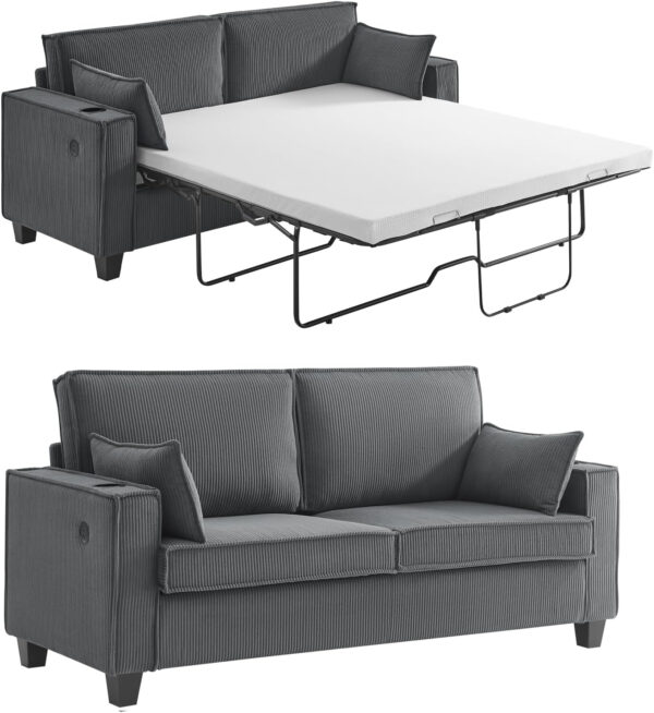 Brelice Pull Out Sofa Bed, Full Size Convertible Loveseat Sleeper Sofa, Corduroy Memory Foam Couch Bed for Living Room, Guest Room, Apartment, Home Office (Green)