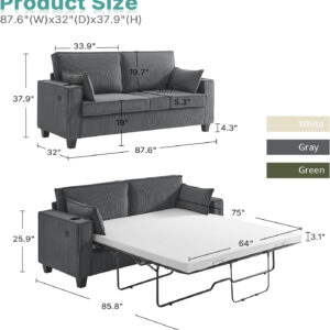 Brelice Pull Out Sofa Bed, Full Size Convertible Loveseat Sleeper Sofa, Corduroy Memory Foam Couch Bed for Living Room, Guest Room, Apartment, Home Office (Green)