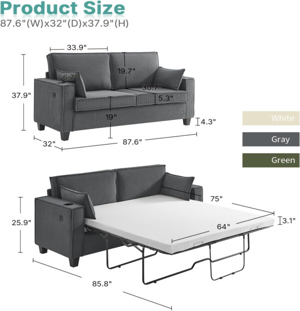 Brelice Pull Out Sofa Bed, Full Size Convertible Loveseat Sleeper Sofa, Corduroy Memory Foam Couch Bed for Living Room, Guest Room, Apartment, Home Office (Green)