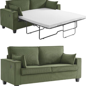 Brelice Pull Out Sofa Bed, Full Size Convertible Loveseat Sleeper Sofa, Corduroy Memory Foam Couch Bed for Living Room, Guest Room, Apartment, Home Office (Green)