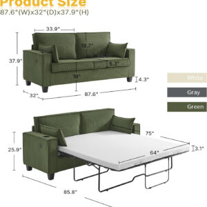 Brelice Pull Out Sofa Bed, Full Size Convertible Loveseat Sleeper Sofa, Corduroy Memory Foam Couch Bed for Living Room, Guest Room, Apartment, Home Office (Green)