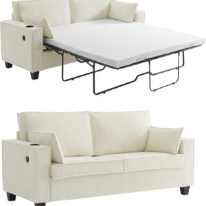 Brelice Pull Out Sofa Bed, Full Size Convertible Loveseat Sleeper Sofa, Corduroy Memory Foam Couch Bed for Living Room, Guest Room, Apartment, Home Office (Green)