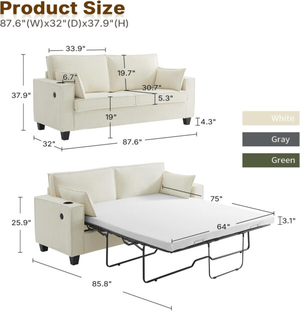 Brelice Pull Out Sofa Bed, Full Size Convertible Loveseat Sleeper Sofa, Corduroy Memory Foam Couch Bed for Living Room, Guest Room, Apartment, Home Office (Green)