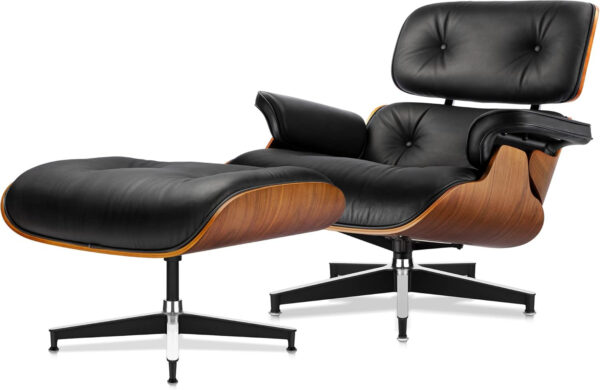 6886ec3f0e642266b0a4344ade8b306ad7b418c3ea78c4f1a7094.jpg Top Black Grain Leather, Mid Century Chaise Lounge Chair and Ottoman, Modern Chair Classic Design, Walnut Wood, Heavy Duty Base Support for Living Room Study Lounge Office