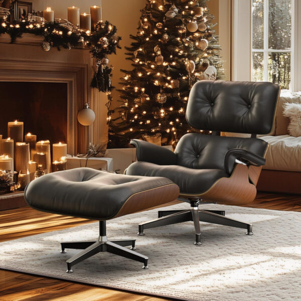 6886ec3fe8019cd71cd93350f92a985da23934a19170e5671b200.jpg Top Black Grain Leather, Mid Century Chaise Lounge Chair and Ottoman, Modern Chair Classic Design, Walnut Wood, Heavy Duty Base Support for Living Room Study Lounge Office