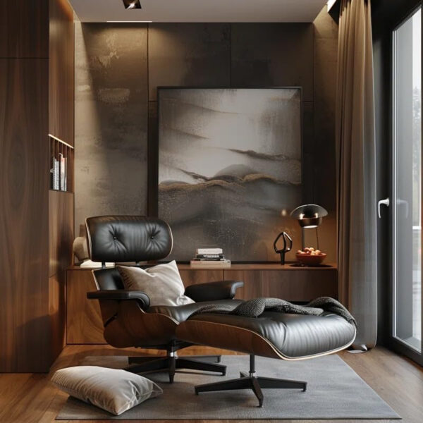 6886ec46175e833e80c4f29881d05c9dc20033e079769221240b1.jpg Top Black Grain Leather, Mid Century Chaise Lounge Chair and Ottoman, Modern Chair Classic Design, Walnut Wood, Heavy Duty Base Support for Living Room Study Lounge Office