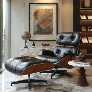 6886ec47ee09fd07c4ef3a512aa89be7e1abf5e3097163f08585b.jpg Top Black Grain Leather, Mid Century Chaise Lounge Chair and Ottoman, Modern Chair Classic Design, Walnut Wood, Heavy Duty Base Support for Living Room Study Lounge Office