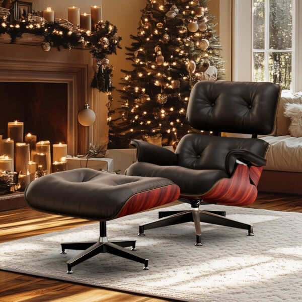 6886ec6000c15fd2ba54017610f72ea32dfe61c4a27aa758ed0ed.jpg Top Black Grain Leather, Mid Century Chaise Lounge Chair and Ottoman, Modern Chair Classic Design, Walnut Wood, Heavy Duty Base Support for Living Room Study Lounge Office