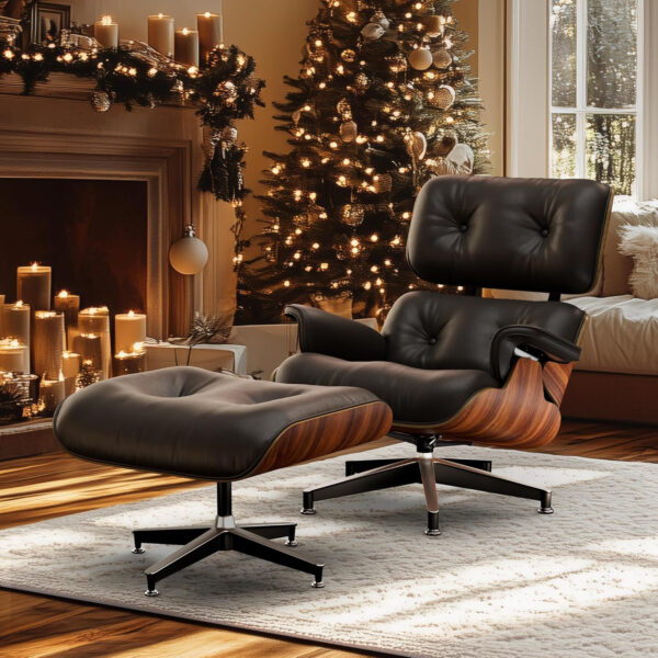 6886ec64abf86ca06b79d90bbba9606ca0d05ff6300186e9d8bd3.jpg Top Black Grain Leather, Mid Century Chaise Lounge Chair and Ottoman, Modern Chair Classic Design, Walnut Wood, Heavy Duty Base Support for Living Room Study Lounge Office