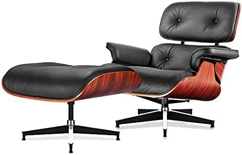 6886ec6c2fffdddc949b9ddd42b55fedaf2fcc40f11e37d9ea2a7.jpg Top Black Grain Leather, Mid Century Chaise Lounge Chair and Ottoman, Modern Chair Classic Design, Walnut Wood, Heavy Duty Base Support for Living Room Study Lounge Office