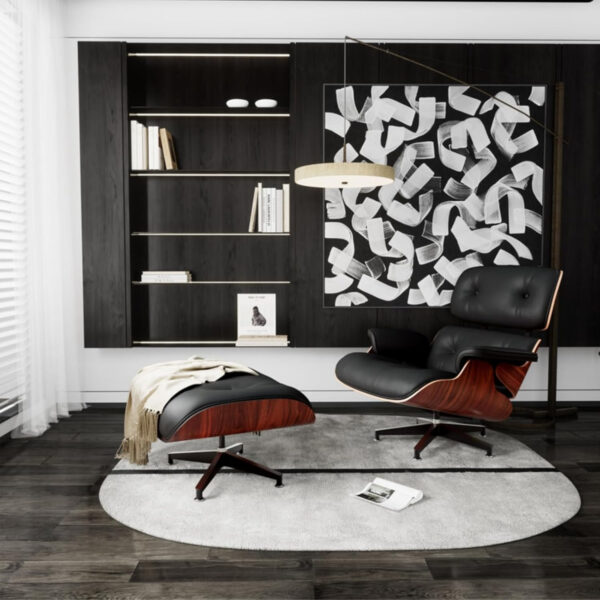 Lounge Chair with Ottoman, Mid Century Modern Office Chair, Leather Chaise Indoor, Heavy Duty Base Support for Living Room Study Lounge Office (Palisander Black, Tall)