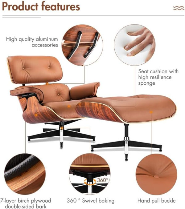 Lounge Chair with Ottoman, Mid Century Modern Office Chair, Leather Chaise Indoor, Heavy Duty Base Support for Living Room Study Lounge Office (Palisander Black, Tall)