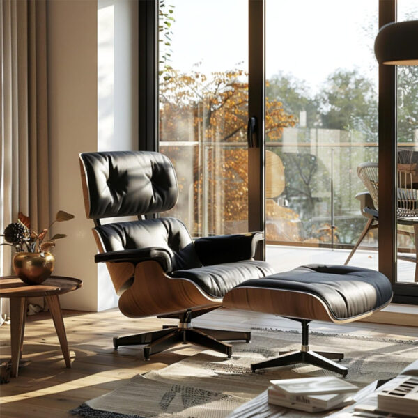 Lounge Chair with Ottoman, Mid Century Modern Office Chair, Leather Chaise Indoor, Heavy Duty Base Support for Living Room Study Lounge Office (Palisander Black, Tall)