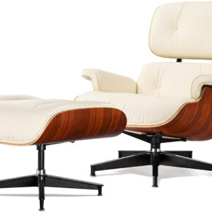 Chaise Lounge Chair with Ottoman Genuine Leather High-Resilience Foam Cushions Mid Century Modern Ergonomic Design for Living Room Study Lounge Office Palisander Ivory White