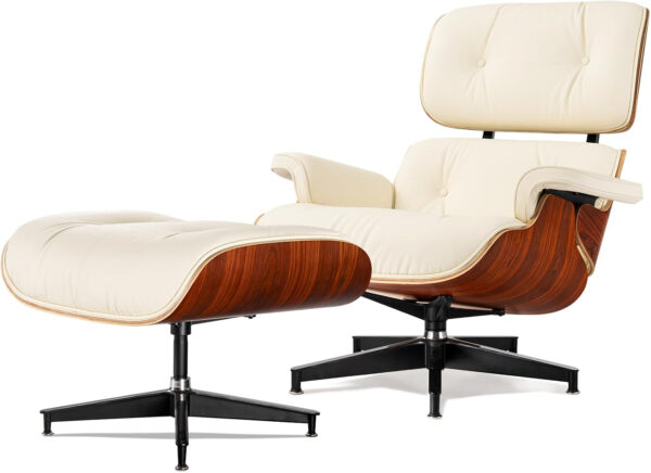 Chaise Lounge Chair with Ottoman Genuine Leather High-Resilience Foam Cushions Mid Century Modern Ergonomic Design for Living Room Study Lounge Office Palisander Ivory White