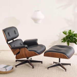 Chaise Lounge Chair with Ottoman Genuine Leather High-Resilience Foam Cushions Mid Century Modern Ergonomic Design for Living Room Study Lounge Office Palisander Ivory White