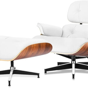 Chaise Lounge Chair with Ottoman Genuine Leather High-Resilience Foam Cushions Mid Century Modern Ergonomic Design for Living Room Study Lounge Office Palisander Ivory White