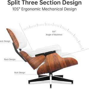 Chaise Lounge Chair with Ottoman Genuine Leather High-Resilience Foam Cushions Mid Century Modern Ergonomic Design for Living Room Study Lounge Office Palisander Ivory White