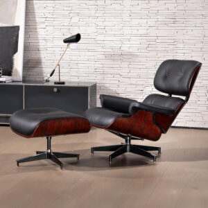 Chaise Lounge Chair with Ottoman Genuine Leather High-Resilience Foam Cushions Mid Century Modern Ergonomic Design for Living Room Study Lounge Office Palisander Ivory White
