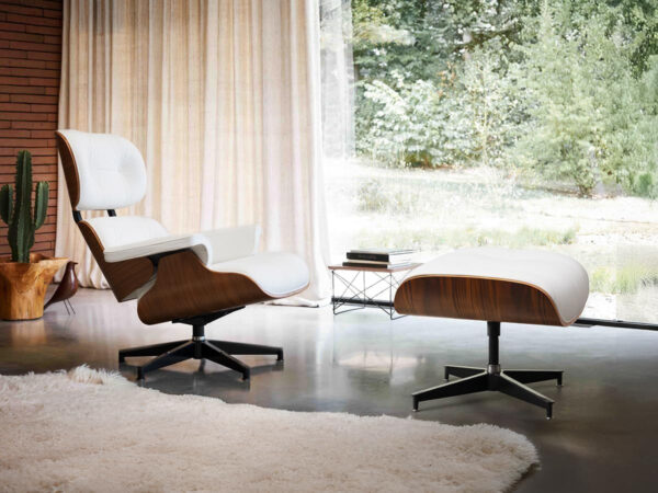 Chaise Lounge Chair with Ottoman Genuine Leather High-Resilience Foam Cushions Mid Century Modern Ergonomic Design for Living Room Study Lounge Office Palisander Ivory White