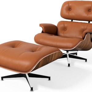 Chaise Lounge Chair with Ottoman Genuine Leather High-Resilience Foam Cushions Mid Century Modern Ergonomic Design for Living Room Study Lounge Office Palisander Ivory White