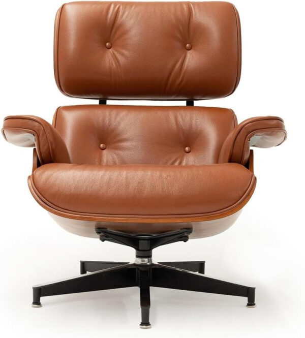 Chaise Lounge Chair with Ottoman Genuine Leather High-Resilience Foam Cushions Mid Century Modern Ergonomic Design for Living Room Study Lounge Office Palisander Ivory White