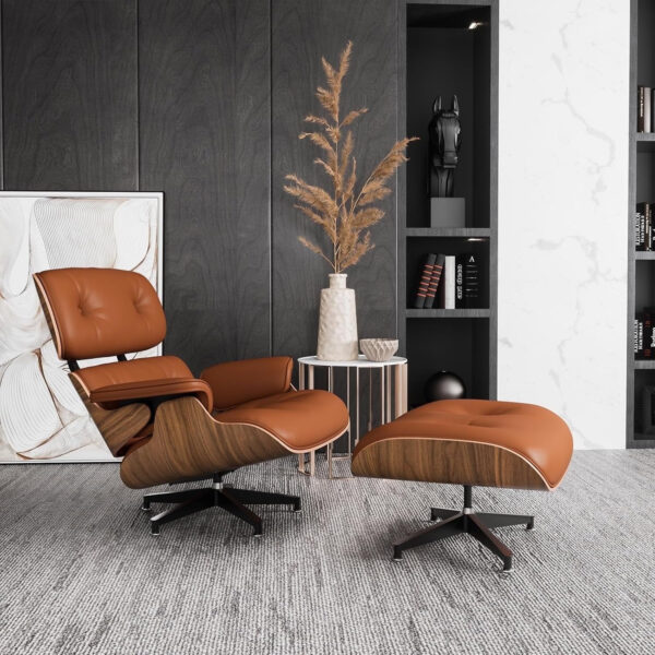 Chaise Lounge Chair with Ottoman Genuine Leather High-Resilience Foam Cushions Mid Century Modern Ergonomic Design for Living Room Study Lounge Office Palisander Ivory White