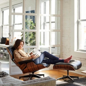 Chaise Lounge Chair with Ottoman Genuine Leather High-Resilience Foam Cushions Mid Century Modern Ergonomic Design for Living Room Study Lounge Office Palisander Ivory White