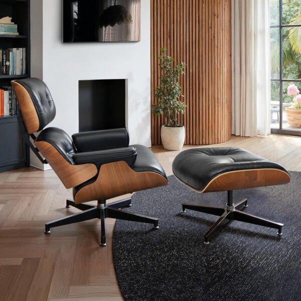 Chaise Lounge Chair with Ottoman Genuine Leather High-Resilience Foam Cushions Mid Century Modern Ergonomic Design for Living Room Study Lounge Office Palisander Ivory White