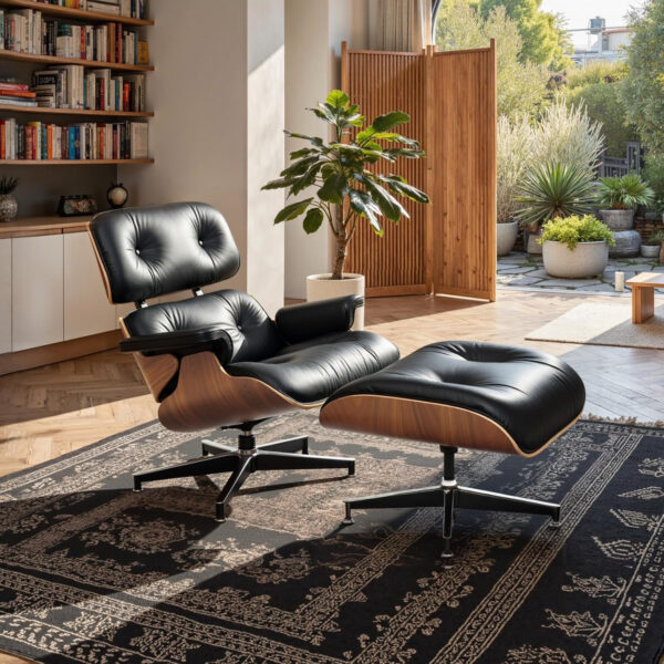 Chaise Lounge Chair with Ottoman Genuine Leather High-Resilience Foam Cushions Mid Century Modern Ergonomic Design for Living Room Study Lounge Office Palisander Ivory White