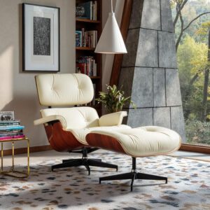 Chaise Lounge Chair with Ottoman Genuine Leather High-Resilience Foam Cushions Mid Century Modern Ergonomic Design for Living Room Study Lounge Office Palisander Ivory White