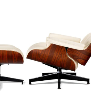 Chaise Lounge Chair with Ottoman Genuine Leather High-Resilience Foam Cushions Mid Century Modern Ergonomic Design for Living Room Study Lounge Office Palisander Ivory White