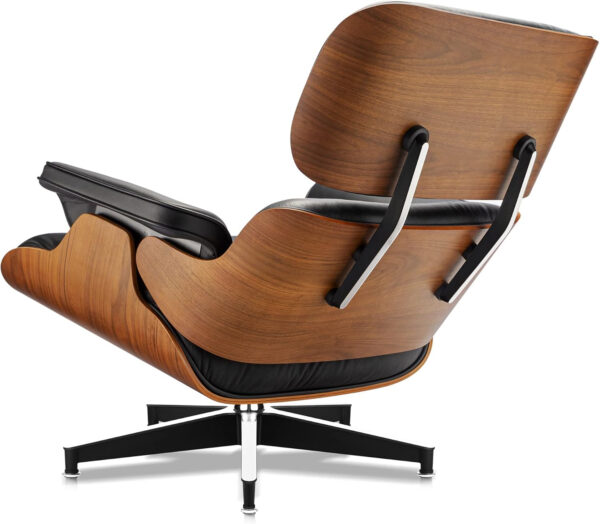 Top Black Grain Leather, Mid Century Chaise Lounge Chair and Ottoman, Modern Chair Classic Design, Walnut Wood, Heavy Duty Base Support for Living Room Office