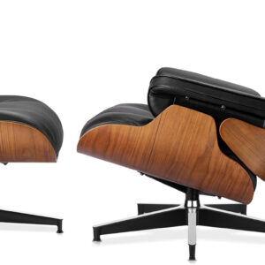 Top Black Grain Leather, Mid Century Chaise Lounge Chair and Ottoman, Modern Chair Classic Design, Walnut Wood, Heavy Duty Base Support for Living Room Office