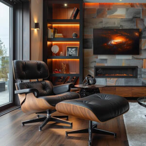 Top Black Grain Leather, Mid Century Chaise Lounge Chair and Ottoman, Modern Chair Classic Design, Walnut Wood, Heavy Duty Base Support for Living Room Office