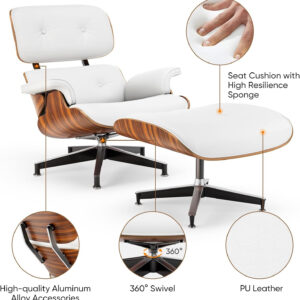 Top Black Grain Leather, Mid Century Chaise Lounge Chair and Ottoman, Modern Chair Classic Design, Walnut Wood, Heavy Duty Base Support for Living Room Office