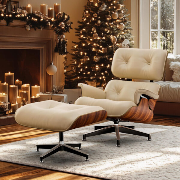 Top Black Grain Leather, Mid Century Chaise Lounge Chair and Ottoman, Modern Chair Classic Design, Walnut Wood, Heavy Duty Base Support for Living Room Office