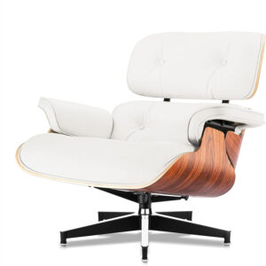 Top Black Grain Leather, Mid Century Chaise Lounge Chair and Ottoman, Modern Chair Classic Design, Walnut Wood, Heavy Duty Base Support for Living Room Office